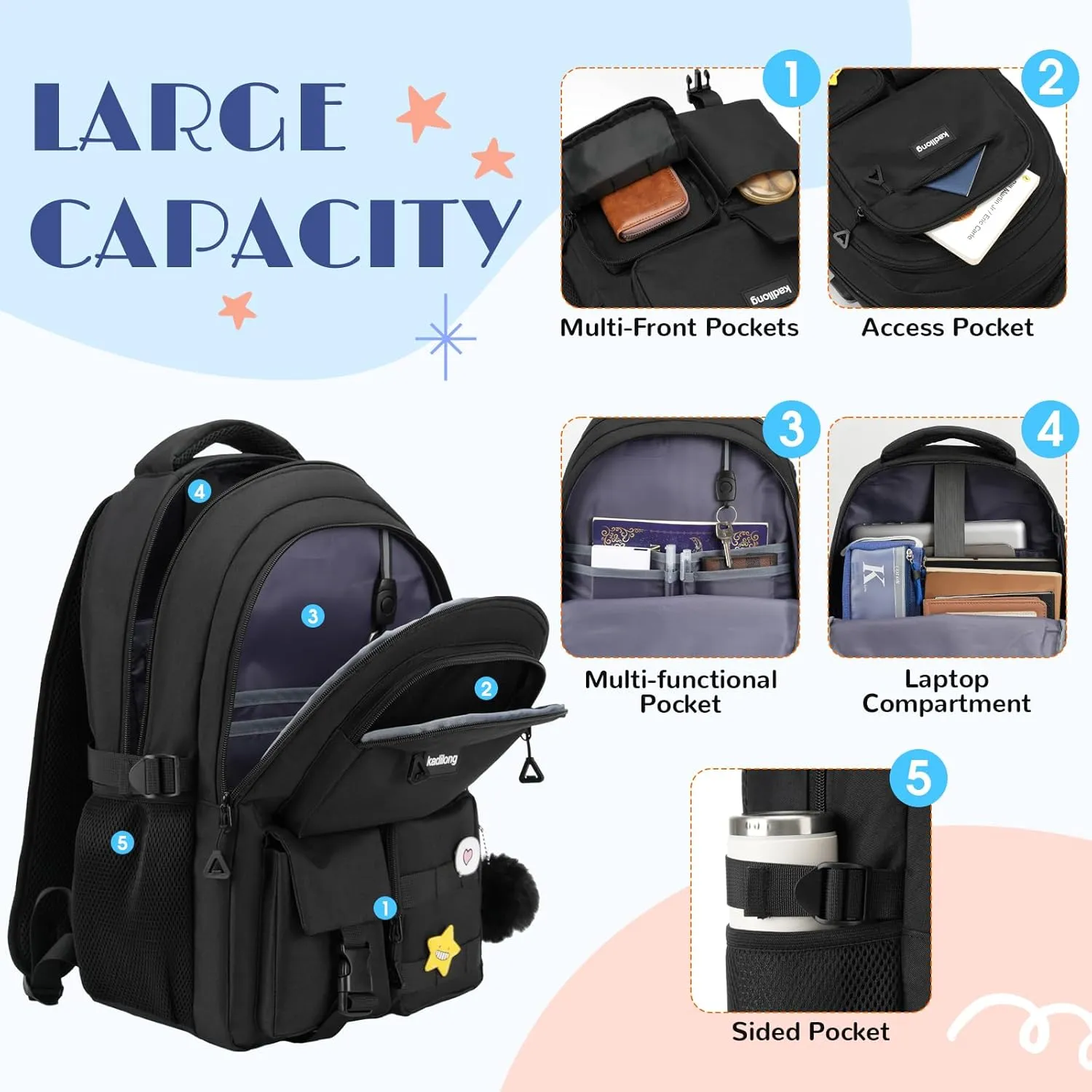 Laptop Backpack for College Student Women Middle High School Teen Girls Bookbag Mochila Escolares para Nias Mujeres(Black)