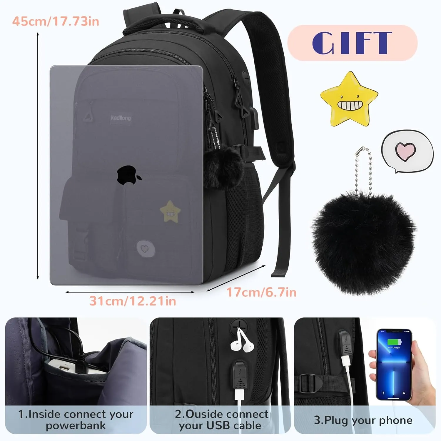 Laptop Backpack for College Student Women Middle High School Teen Girls Bookbag Mochila Escolares para Nias Mujeres(Black)