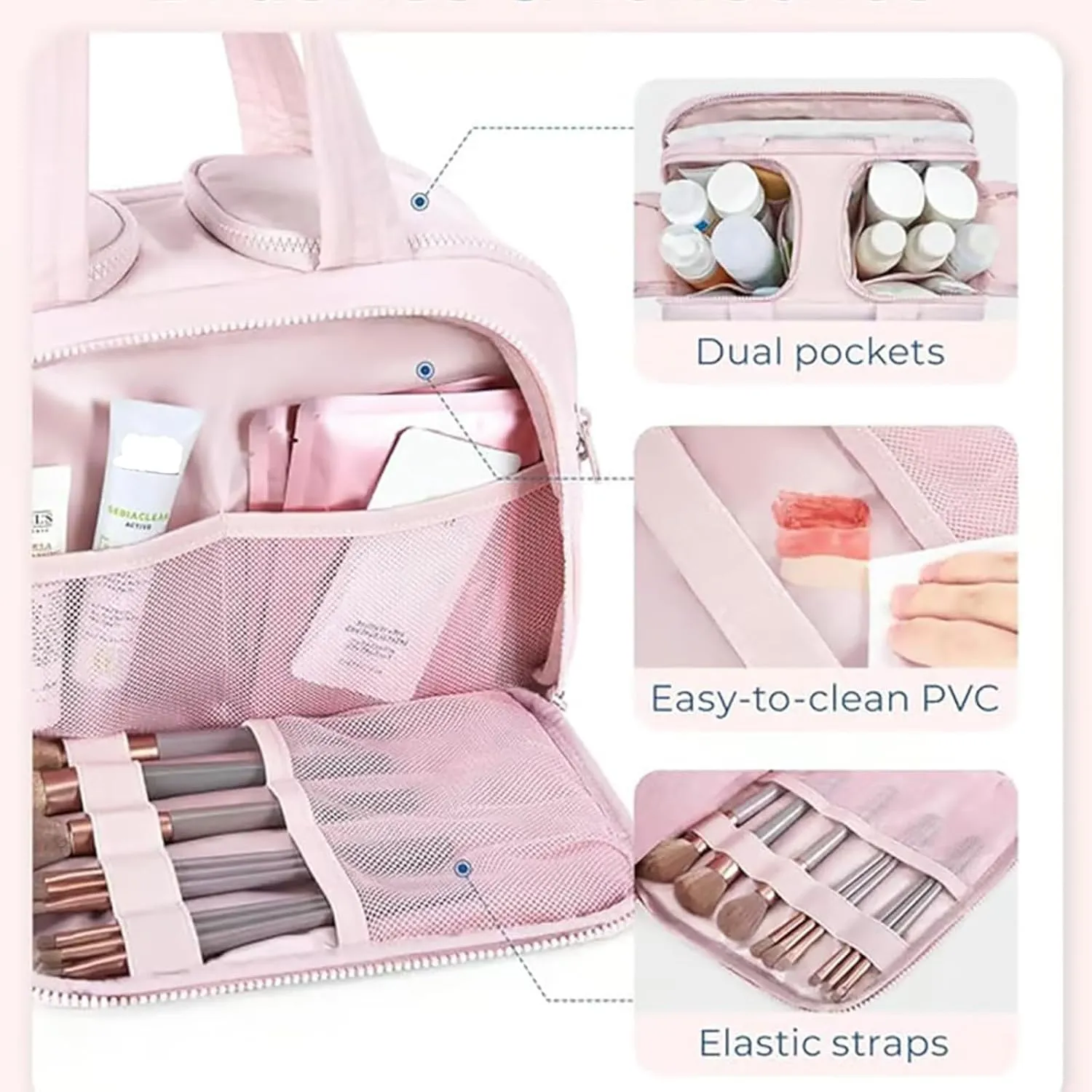 Large Capacity Wide-Open Travel Cosmetic Bag, Travel Cosmetic Bag, Waterproof Portable, Dry-And-Wet Separation, Open Flat makeup Make Up Bags for Women with Divider and Handle (Purple)