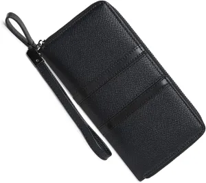 Large Capacity Wristlet Wallets for Women Zipper Wallets for Women Long Checkbook Clutch Ladies Wallets Vegan Leather with Wrist Strap (Black)
