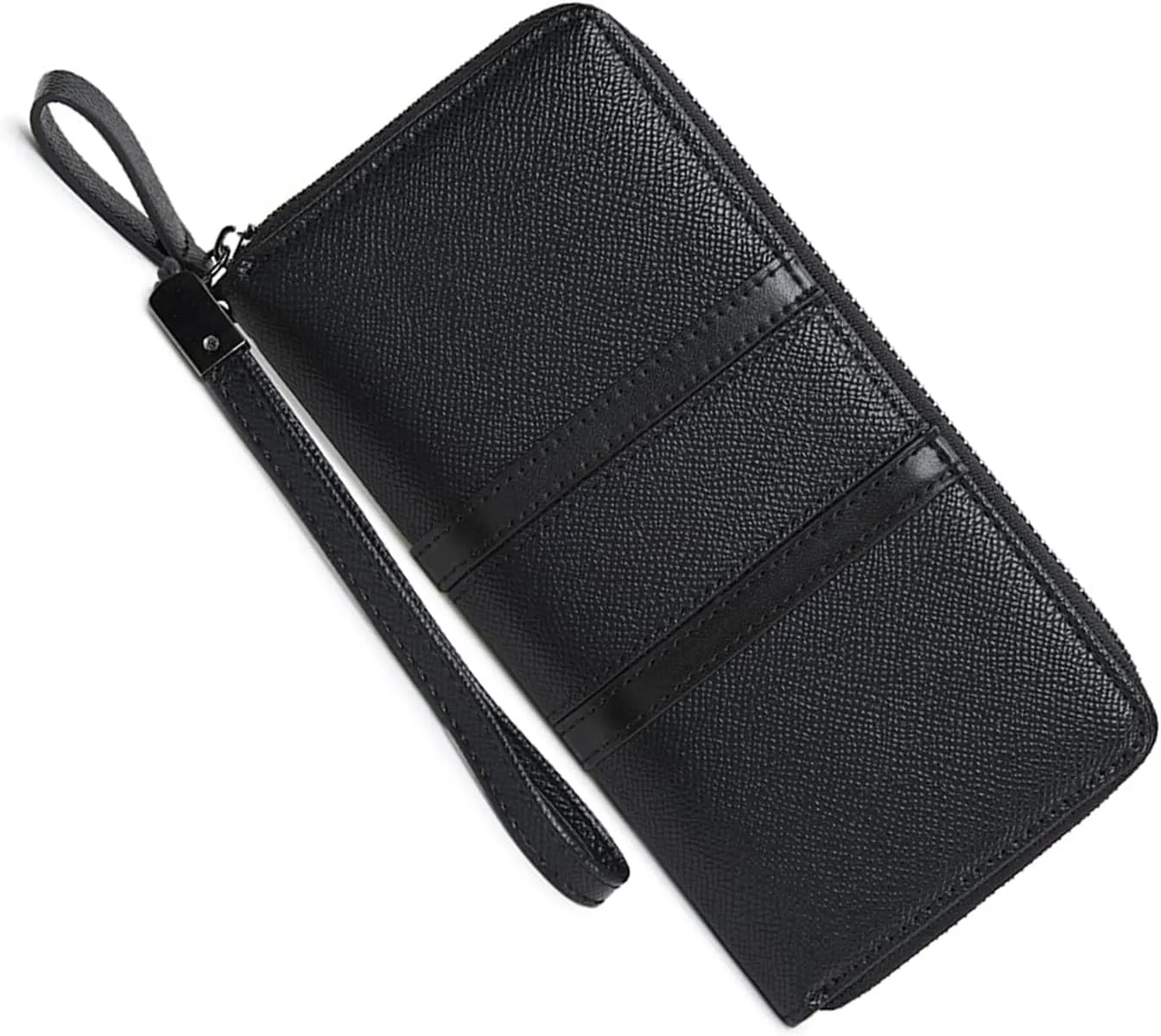 Large Capacity Wristlet Wallets for Women Zipper Wallets for Women Long Checkbook Clutch Ladies Wallets Vegan Leather with Wrist Strap (Black)