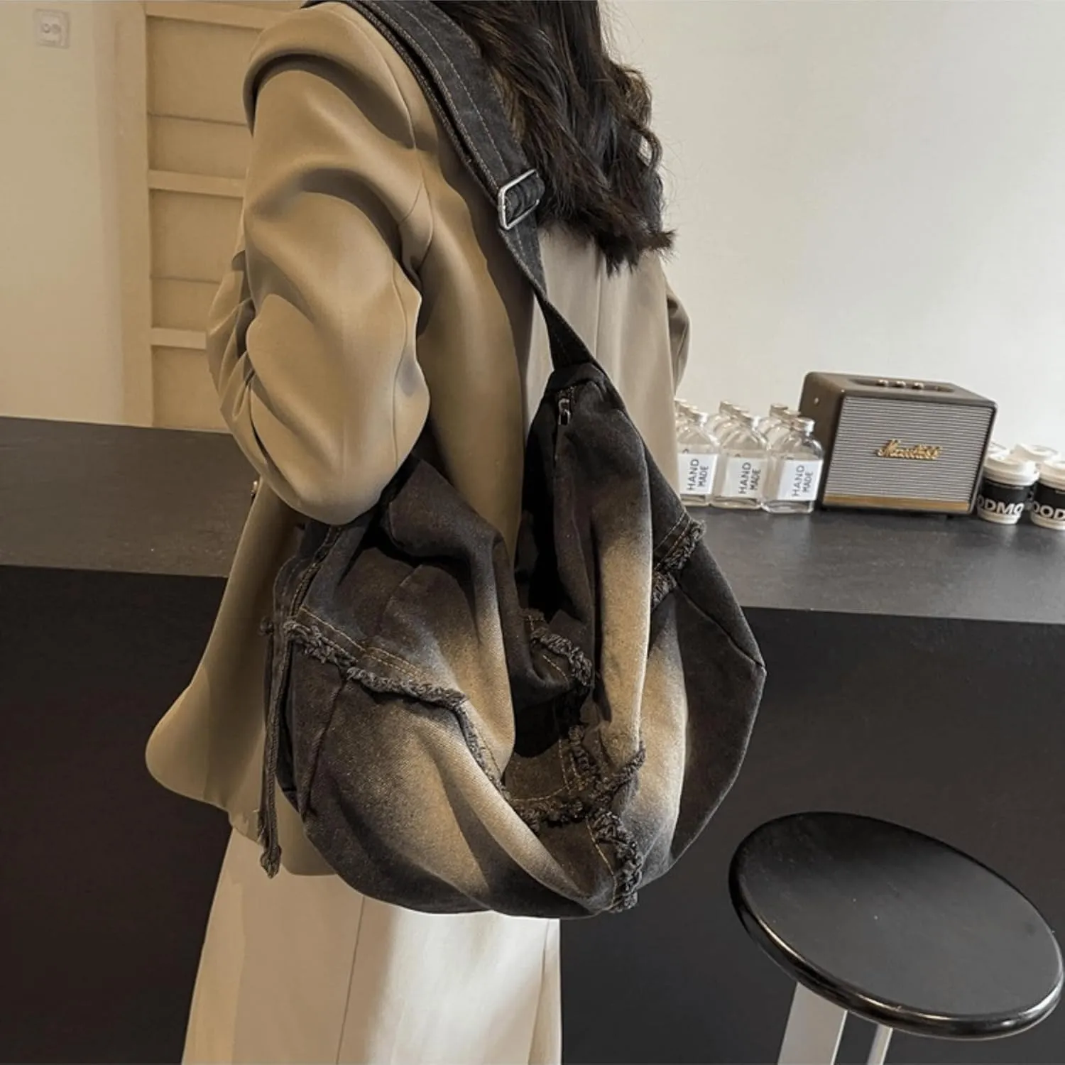 Large Denim Shoulder Bag for Women Trendy, Aesthetic Jean Bucket Pocketbook