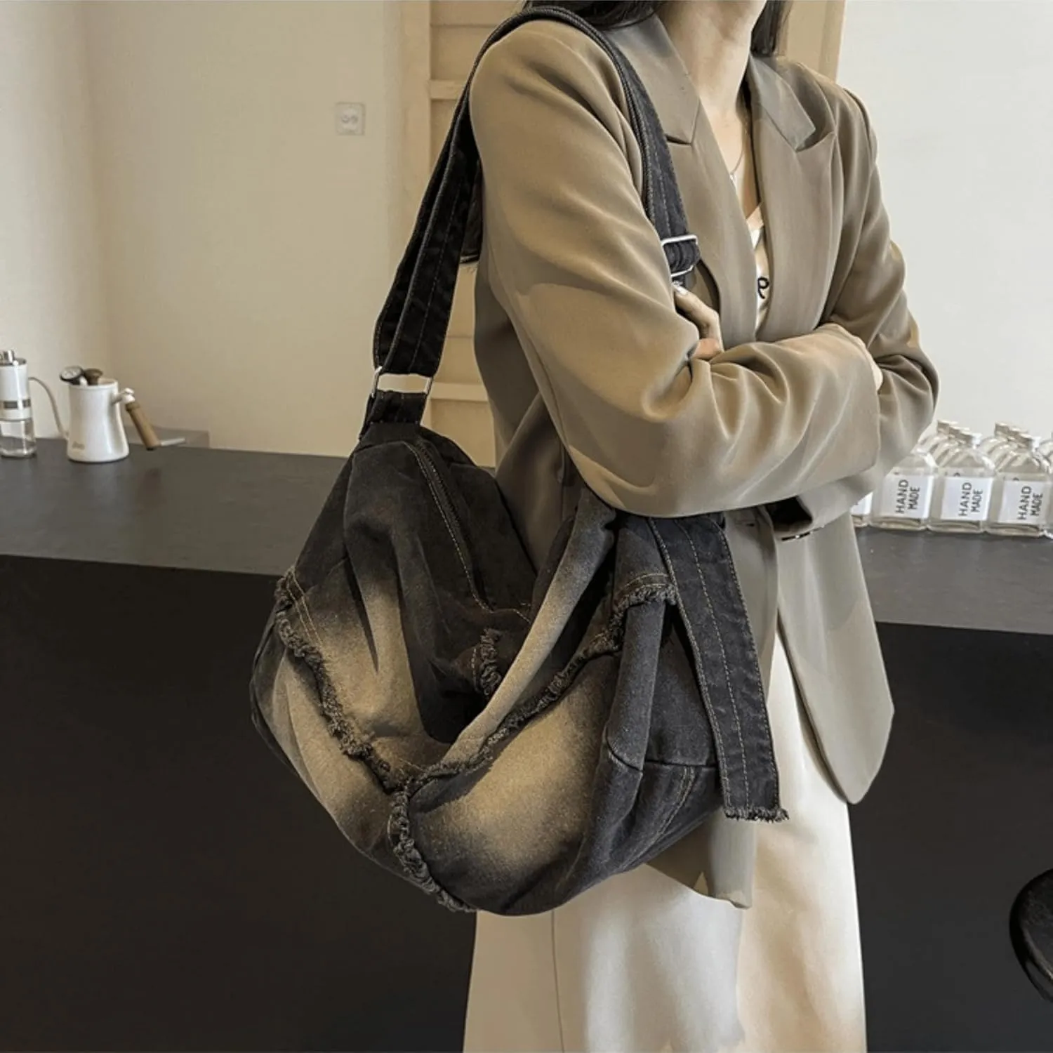 Large Denim Shoulder Bag for Women Trendy, Aesthetic Jean Bucket Pocketbook
