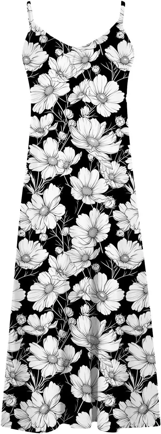 Lastesso Womens Summer Dresses Casual Spaghetti Strap Maxi Sundresses Relaxed Size Flower Dresses Beach Flowy Boho Dress