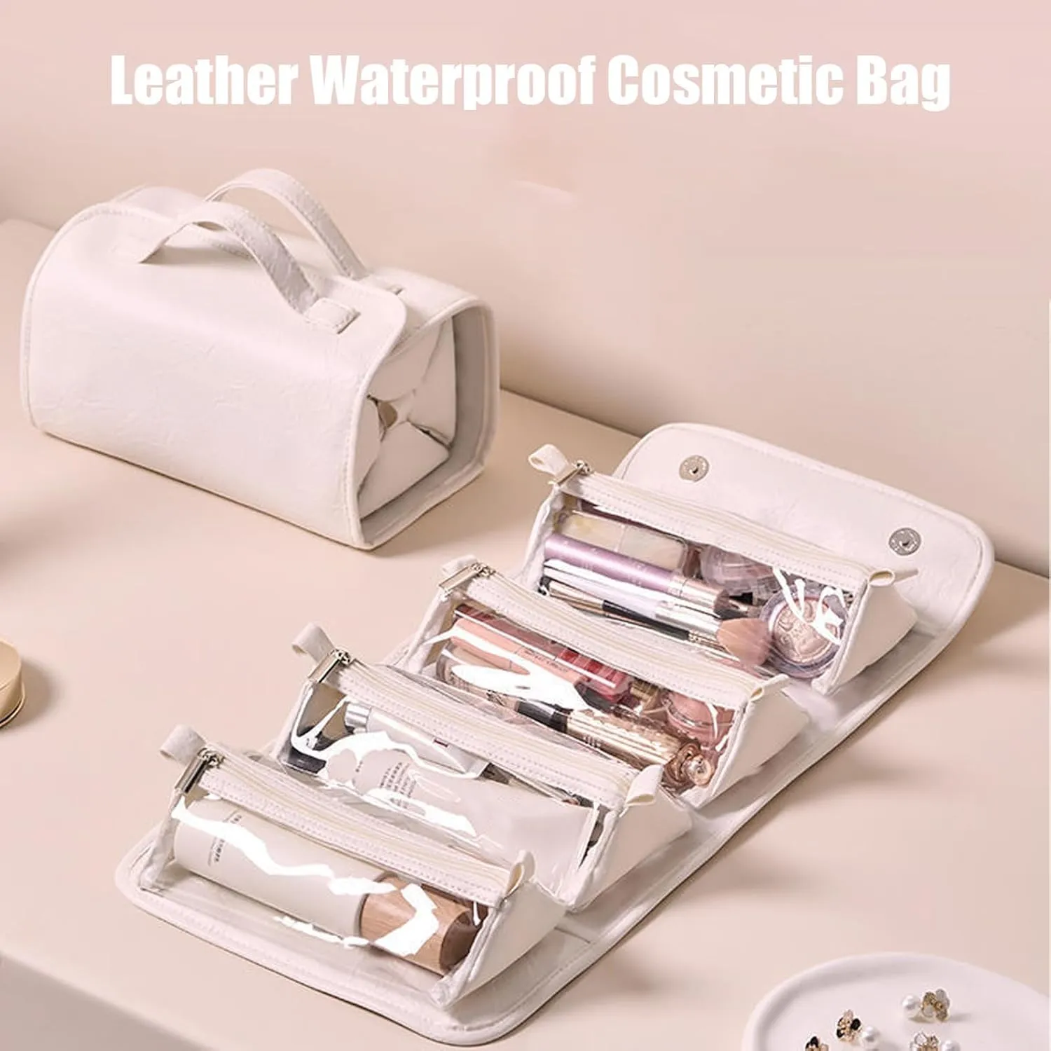 Leather Waterproof Cosmetic Bag,Roll up Cosmetic Travel Make up Toiletry Bag for women, Hanging Cosmetic Travel Bag for Women,Detachable 4 in 1 Travel Toiletry Bag (Beige)