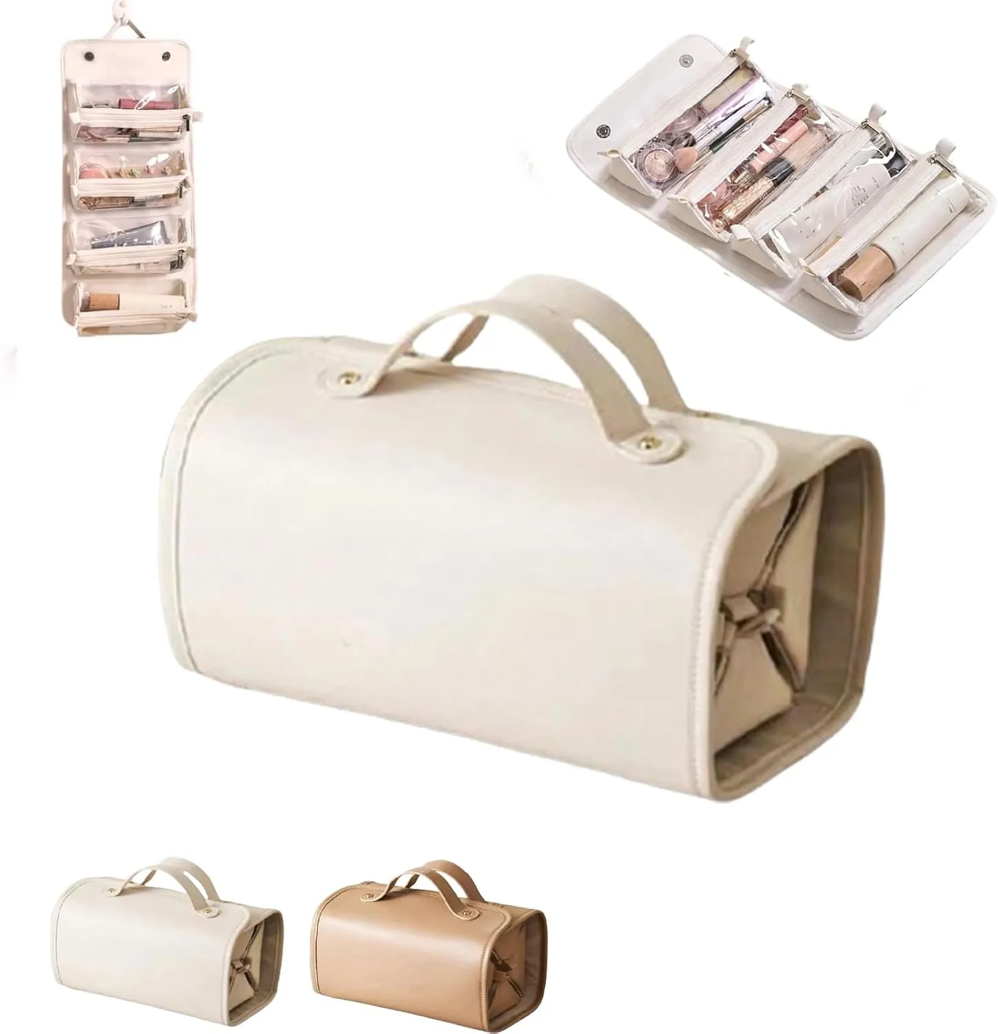 Leather Waterproof Cosmetic Bag,Roll up Cosmetic Travel Make up Toiletry Bag for women, Hanging Cosmetic Travel Bag for Women,Detachable 4 in 1 Travel Toiletry Bag (Beige)