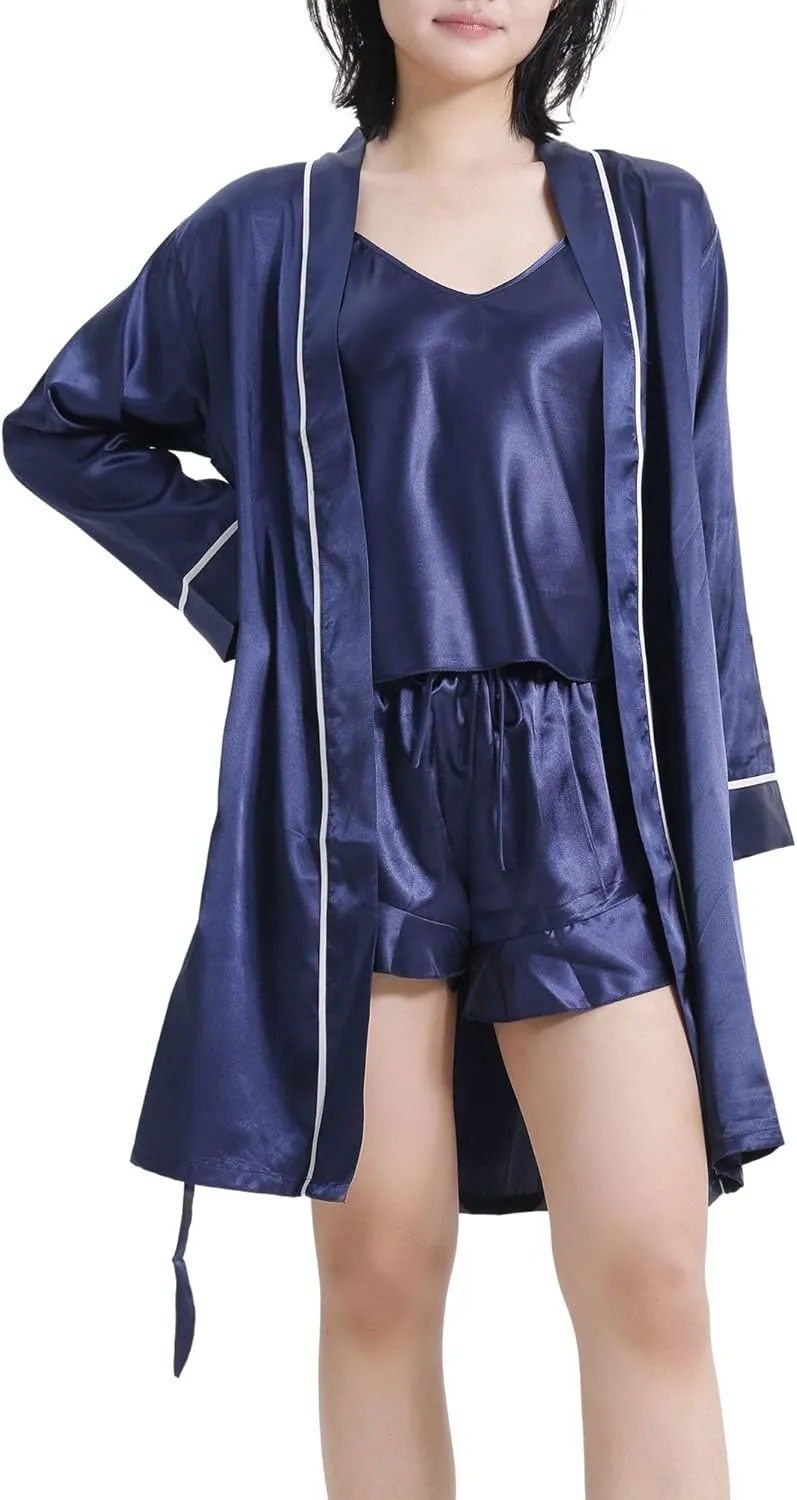 LECHERY Lustrous Silky Shiny Satin 3-Piece Pajama Sleepwear Set, Camisole, Shorts, Robe Loungewear