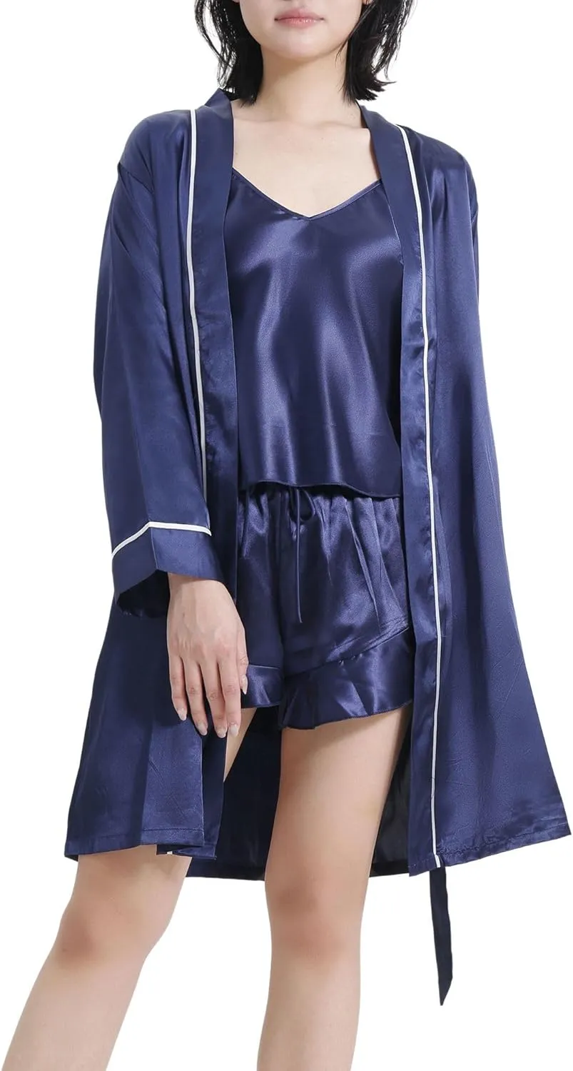 LECHERY Lustrous Silky Shiny Satin 3-Piece Pajama Sleepwear Set, Camisole, Shorts, Robe Loungewear