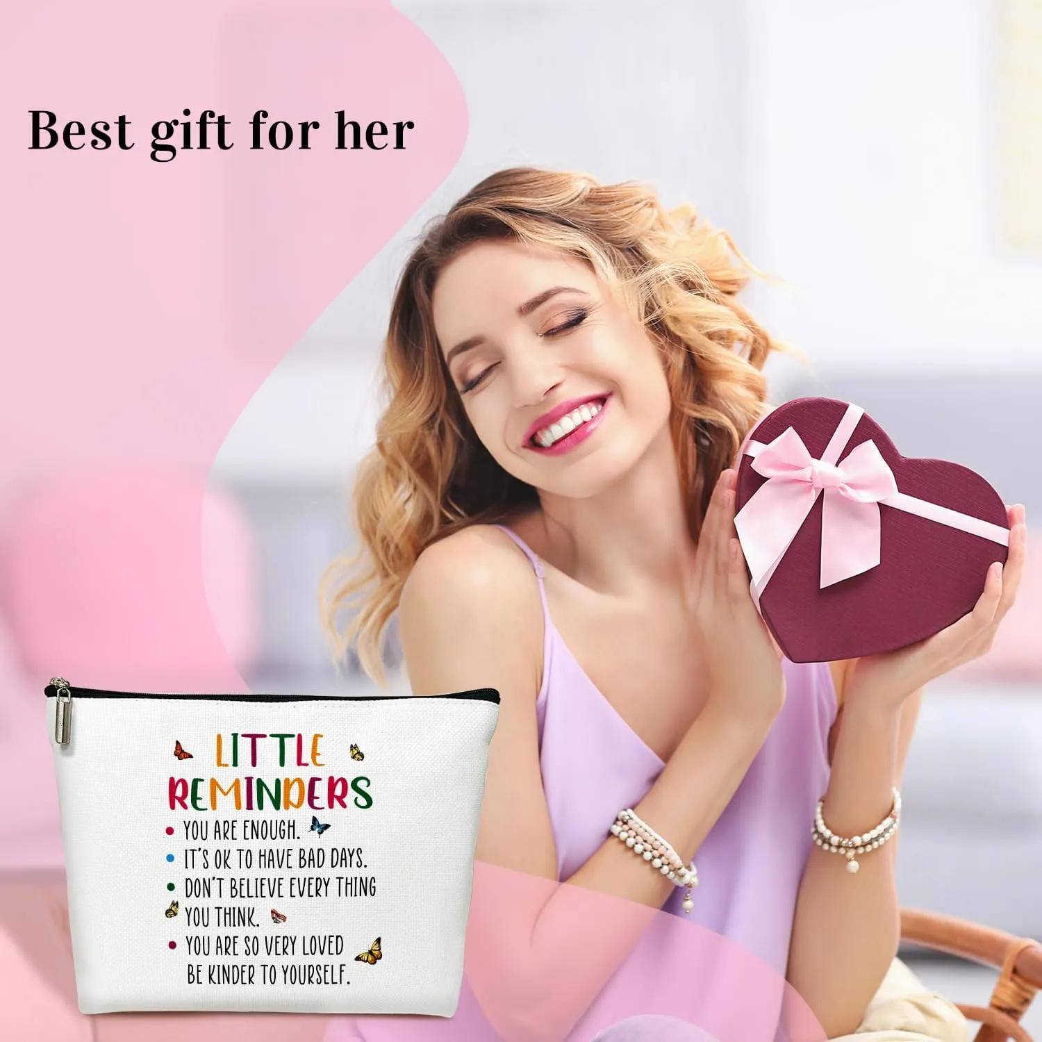 Little Reminders You are Enough Makeup Bag Cosmetic Bag for Women, Mental Health Affirmations Inspirational Gifts Cosmetics Pouch Travel Bag Cases Toiletry Bag for Friends Coworkers Besties BFF - 03