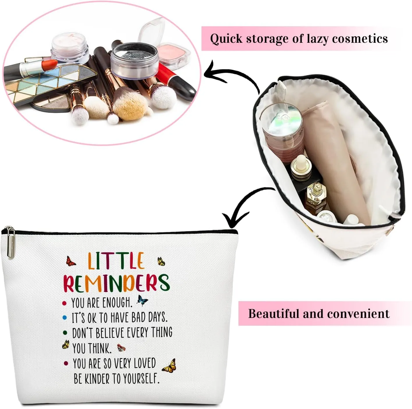 Little Reminders You are Enough Makeup Bag Cosmetic Bag for Women, Mental Health Affirmations Inspirational Gifts Cosmetics Pouch Travel Bag Cases Toiletry Bag for Friends Coworkers Besties BFF - 03