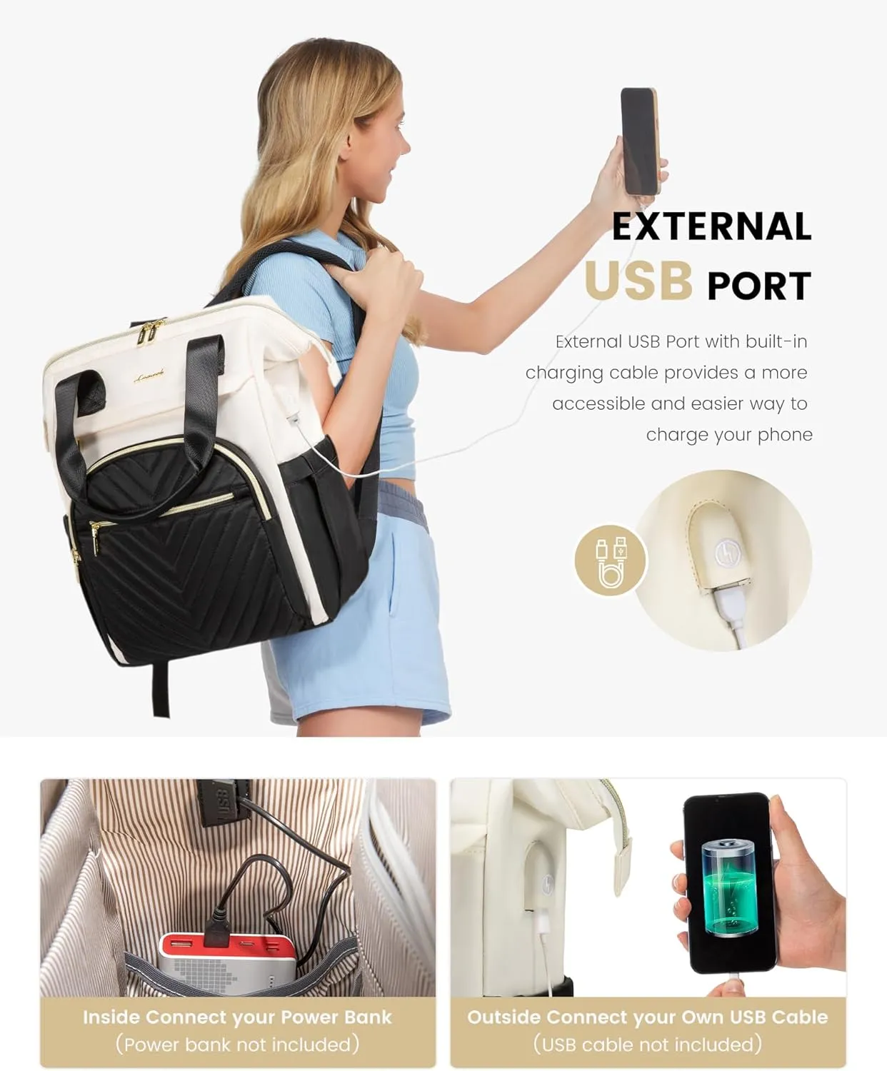 LOVEVOOK Laptop Backpack for Women, 17.3 Inch, Waterproof Teacher Nurse Bag with USB Port, Fashion Travel Bag Business Computer Backpack, Black-Cream White