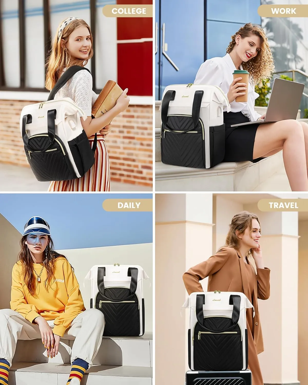 LOVEVOOK Laptop Backpack for Women, 17.3 Inch, Waterproof Teacher Nurse Bag with USB Port, Fashion Travel Bag Business Computer Backpack, Black-Cream White