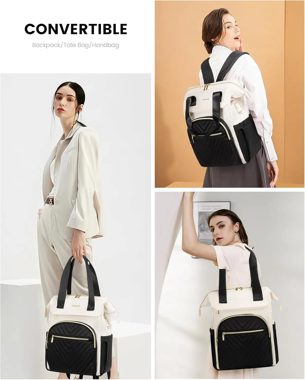 LOVEVOOK Laptop Backpack for Women, 17.3 Inch, Waterproof Teacher Nurse Bag with USB Port, Fashion Travel Bag Business Computer Backpack, Black-Cream White