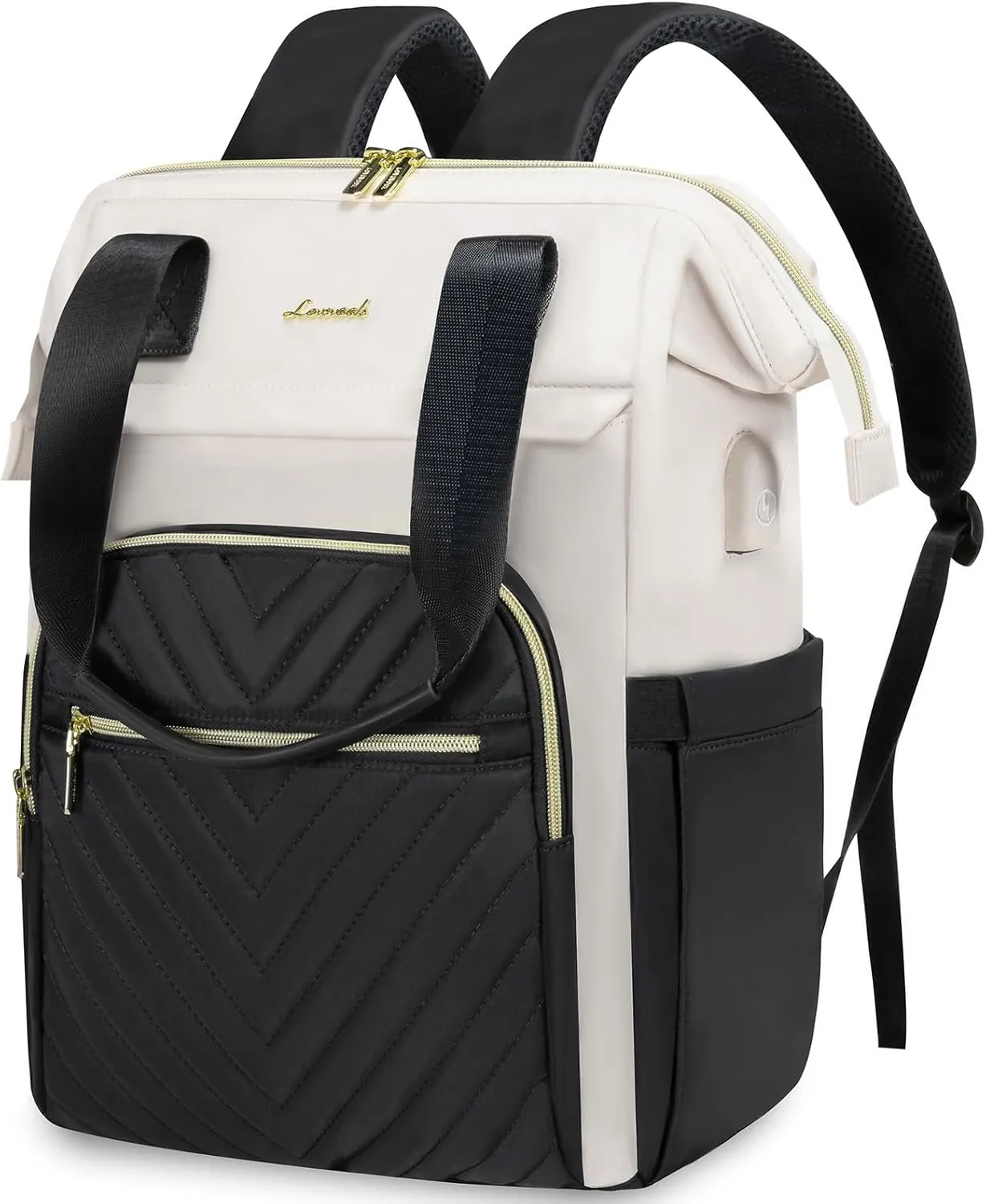 LOVEVOOK Laptop Backpack for Women, 17.3 Inch, Waterproof Teacher Nurse Bag with USB Port, Fashion Travel Bag Business Computer Backpack, Black-Cream White