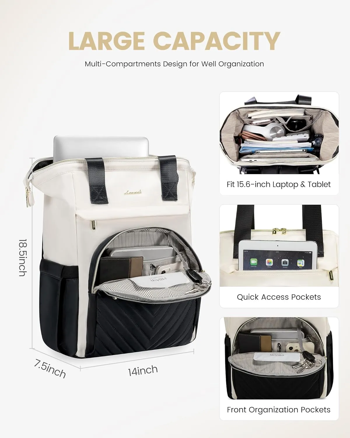 LOVEVOOK Laptop Backpack for Women, 17.3 Inch, Waterproof Teacher Nurse Bag with USB Port, Fashion Travel Bag Business Computer Backpack, Black-Cream White