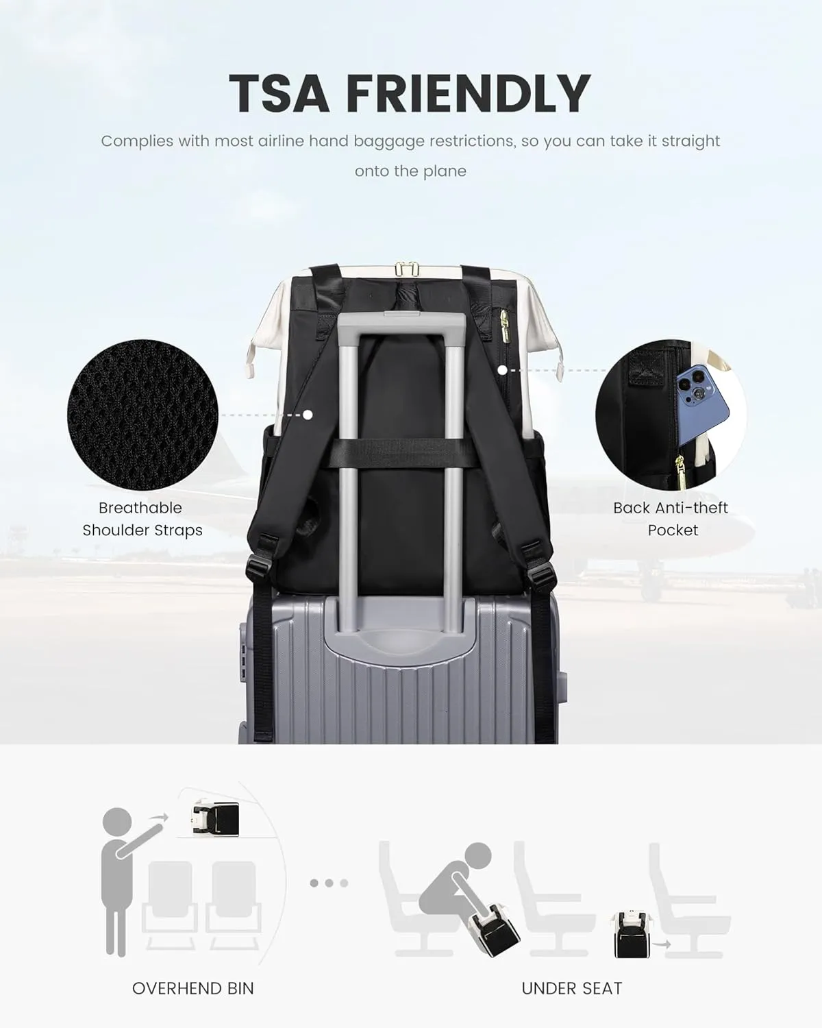 LOVEVOOK Laptop Backpack for Women, 17.3 Inch, Waterproof Teacher Nurse Bag with USB Port, Fashion Travel Bag Business Computer Backpack, Black-Cream White