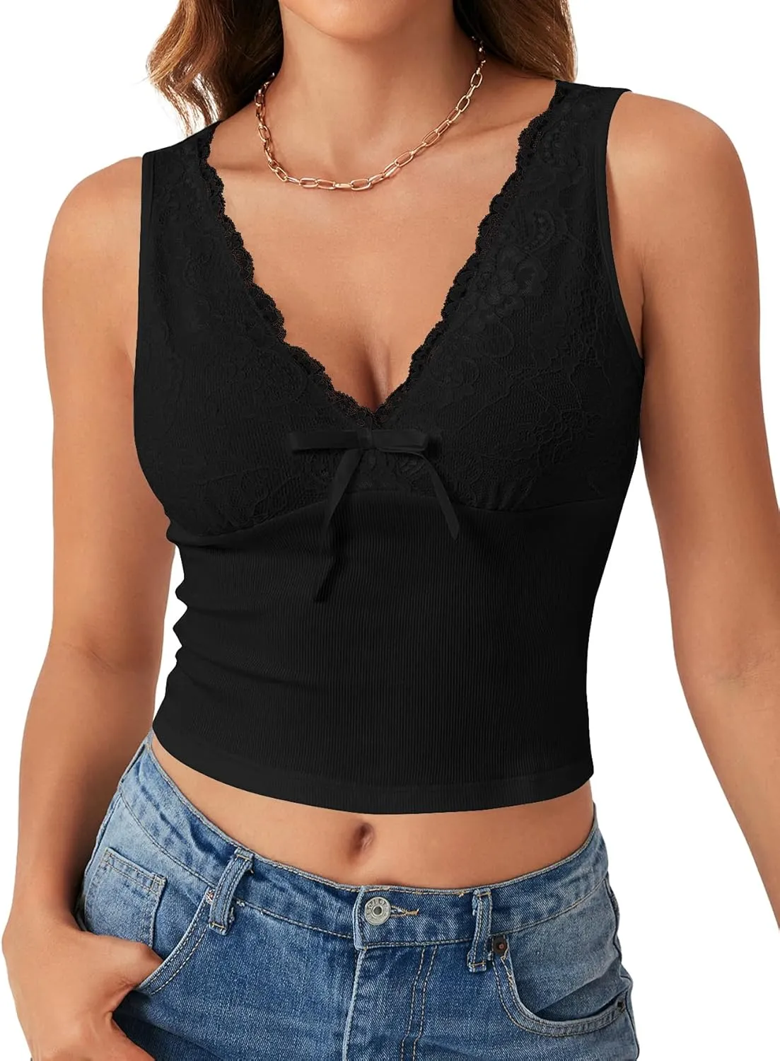 LYANER Women's Rib Knit Lace Trim V Neck Sleeveless Trendy Cropped Cami Tank Top