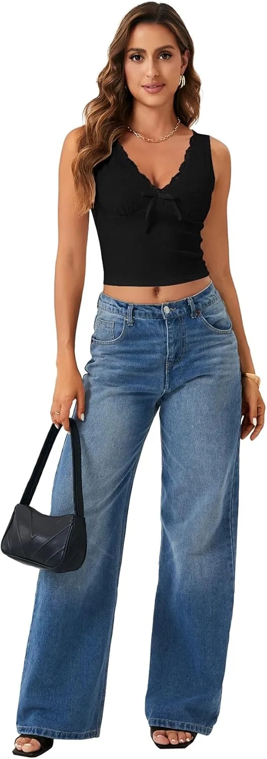 LYANER Women's Rib Knit Lace Trim V Neck Sleeveless Trendy Cropped Cami Tank Top