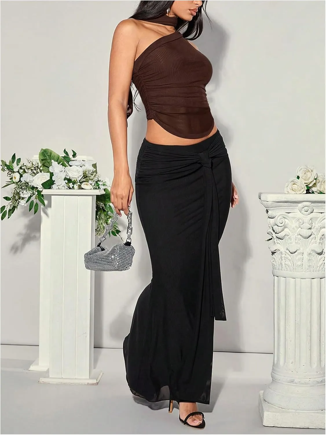MakeMeChic Women's Ruched Asymmetrical Neck Sheer Mesh Sleeveless Crop Camisole Summer Shirt Tops