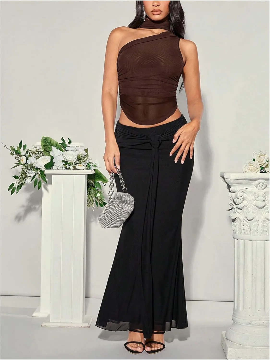 MakeMeChic Women's Ruched Asymmetrical Neck Sheer Mesh Sleeveless Crop Camisole Summer Shirt Tops