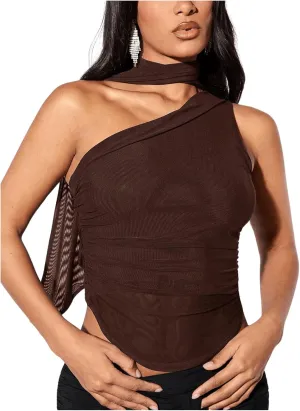 MakeMeChic Women's Ruched Asymmetrical Neck Sheer Mesh Sleeveless Crop Camisole Summer Shirt Tops