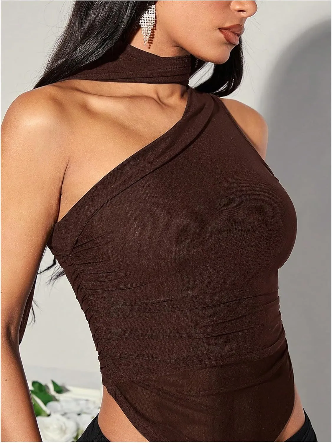 MakeMeChic Women's Ruched Asymmetrical Neck Sheer Mesh Sleeveless Crop Camisole Summer Shirt Tops