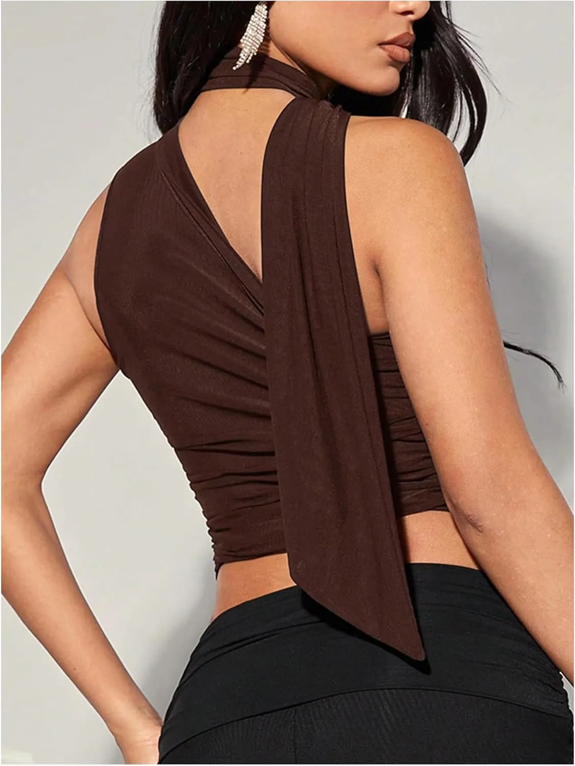 MakeMeChic Women's Ruched Asymmetrical Neck Sheer Mesh Sleeveless Crop Camisole Summer Shirt Tops