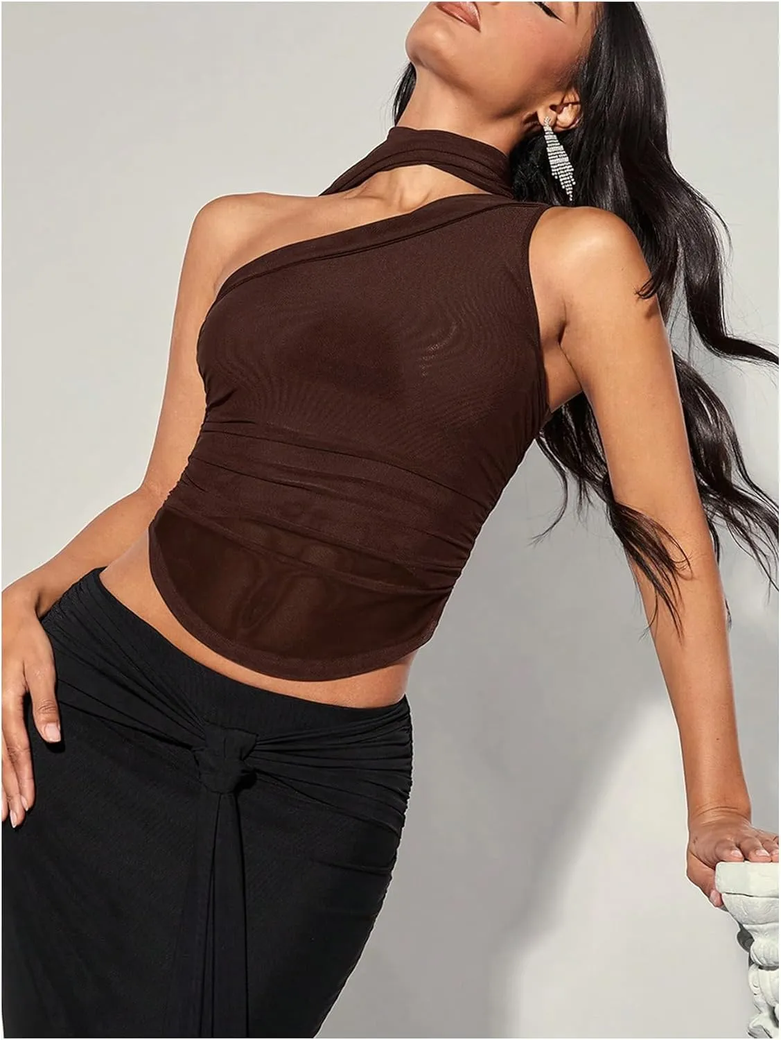 MakeMeChic Women's Ruched Asymmetrical Neck Sheer Mesh Sleeveless Crop Camisole Summer Shirt Tops
