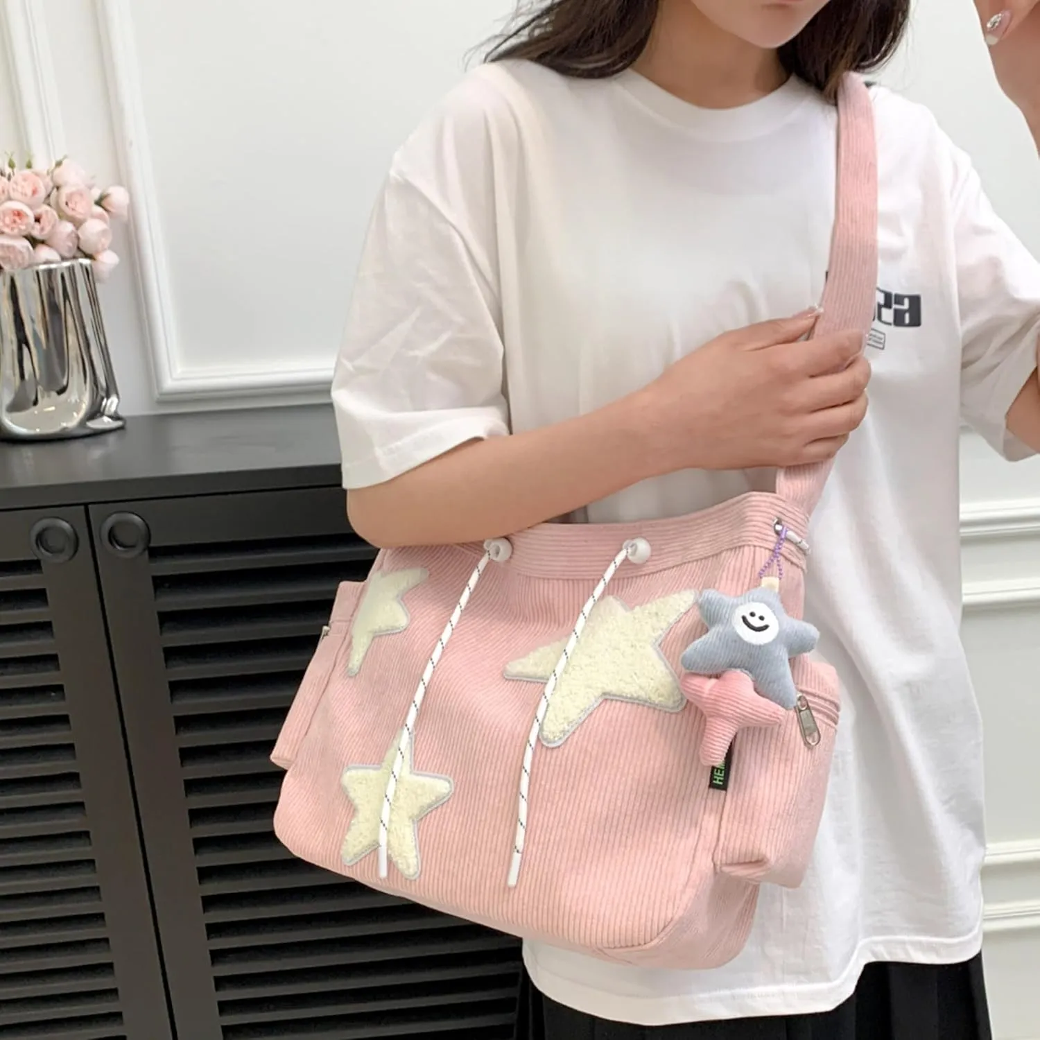 Makukke Y2K Corduroy Shoulder Bag Women, Cute Tote Bag Large Crossbody Bag for Office Work Travel Shopping