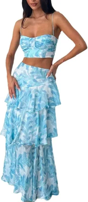 Mandonce Two Piece Skirt Set for Women Fresh Floral Design Womens Camisole Irregular Midi Skirt Summer Suit for Women