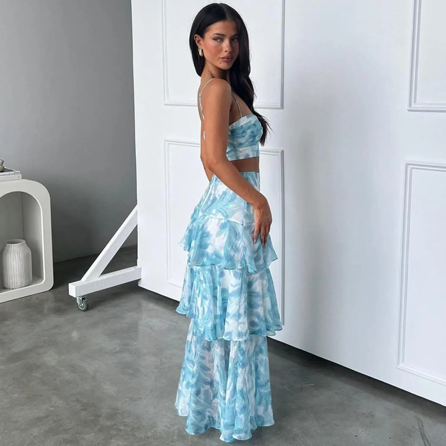 Mandonce Two Piece Skirt Set for Women Fresh Floral Design Womens Camisole Irregular Midi Skirt Summer Suit for Women