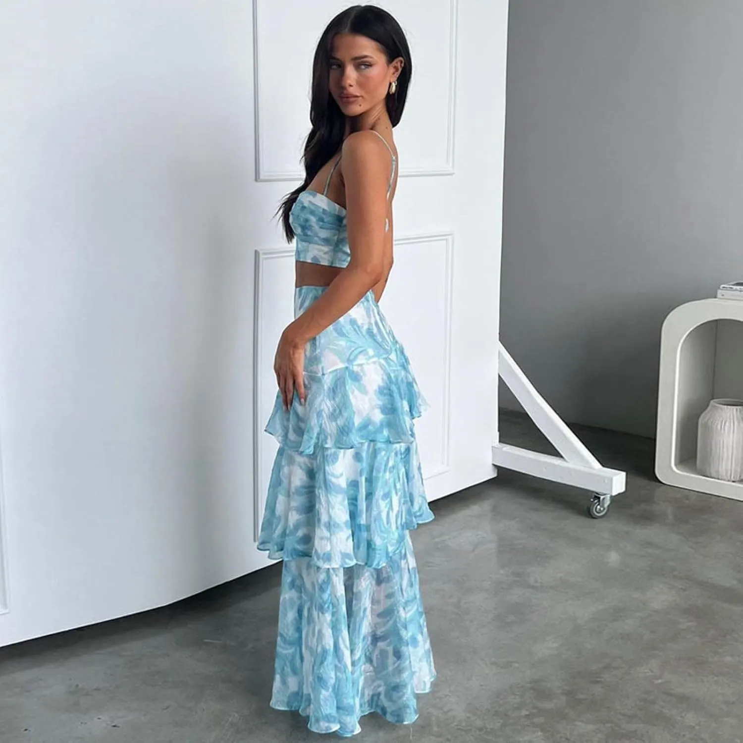 Mandonce Two Piece Skirt Set for Women Fresh Floral Design Womens Camisole Irregular Midi Skirt Summer Suit for Women