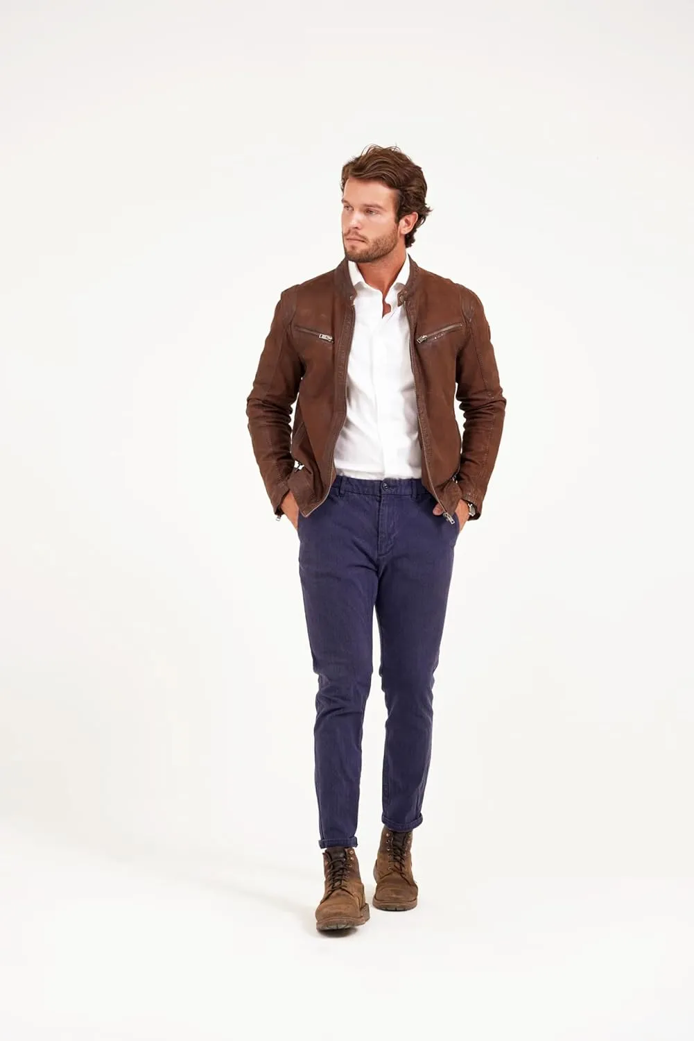 Mauritius Men's Nubuck Racer Leather Jacket, Dark Cognac Real Leather