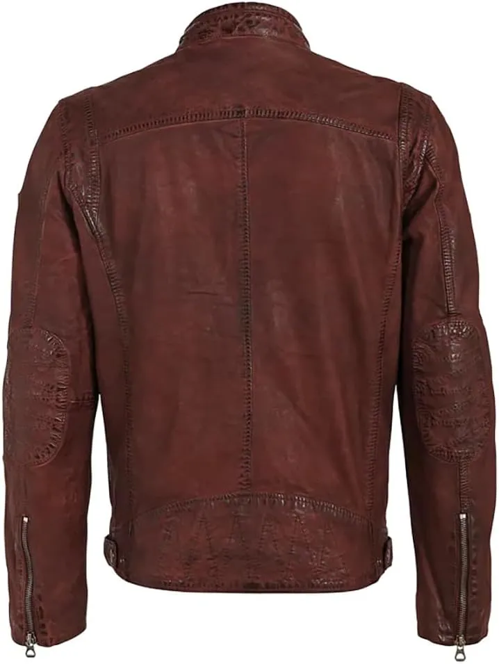 Mauritius Men's Nubuck Racer Leather Jacket, Dark Cognac Real Leather