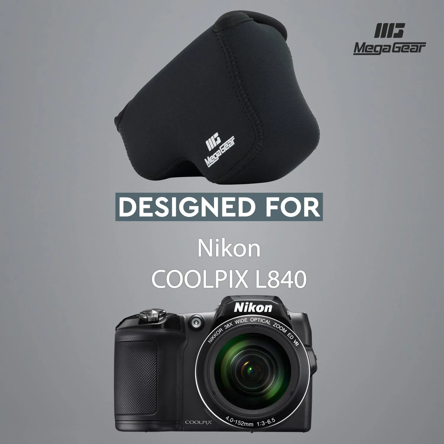 MegaGear Nikon Coolpix L840 Ultra Light Neoprene Camera Case, With Carabiner - Black - MG809