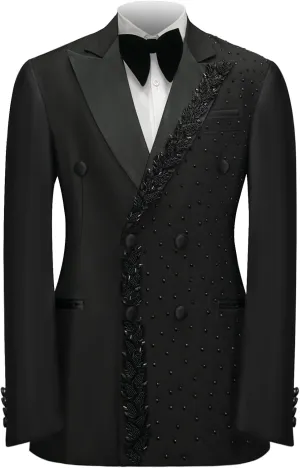 Men's Black Blazer with Rhinestone Embellished Formal Tux Jacket Peaked Lapel Slim Fit