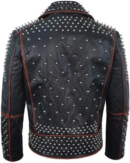 Mens Brando Studded Jacket Black Motorcycle Rock Punk Spiked Brando Biker Genuine Leather Jacket