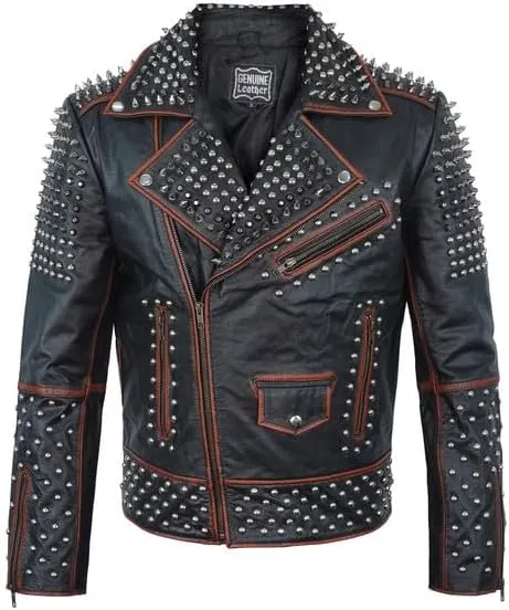 Mens Brando Studded Jacket Black Motorcycle Rock Punk Spiked Brando Biker Genuine Leather Jacket
