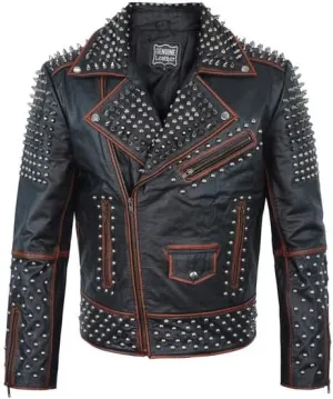 Mens Brando Studded Jacket Black Motorcycle Rock Punk Spiked Brando Biker Genuine Leather Jacket