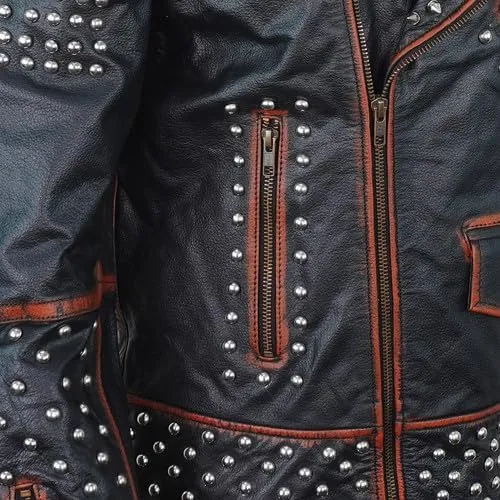 Mens Brando Studded Jacket Black Motorcycle Rock Punk Spiked Brando Biker Genuine Leather Jacket