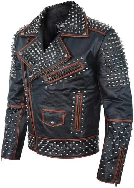 Mens Brando Studded Jacket Black Motorcycle Rock Punk Spiked Brando Biker Genuine Leather Jacket