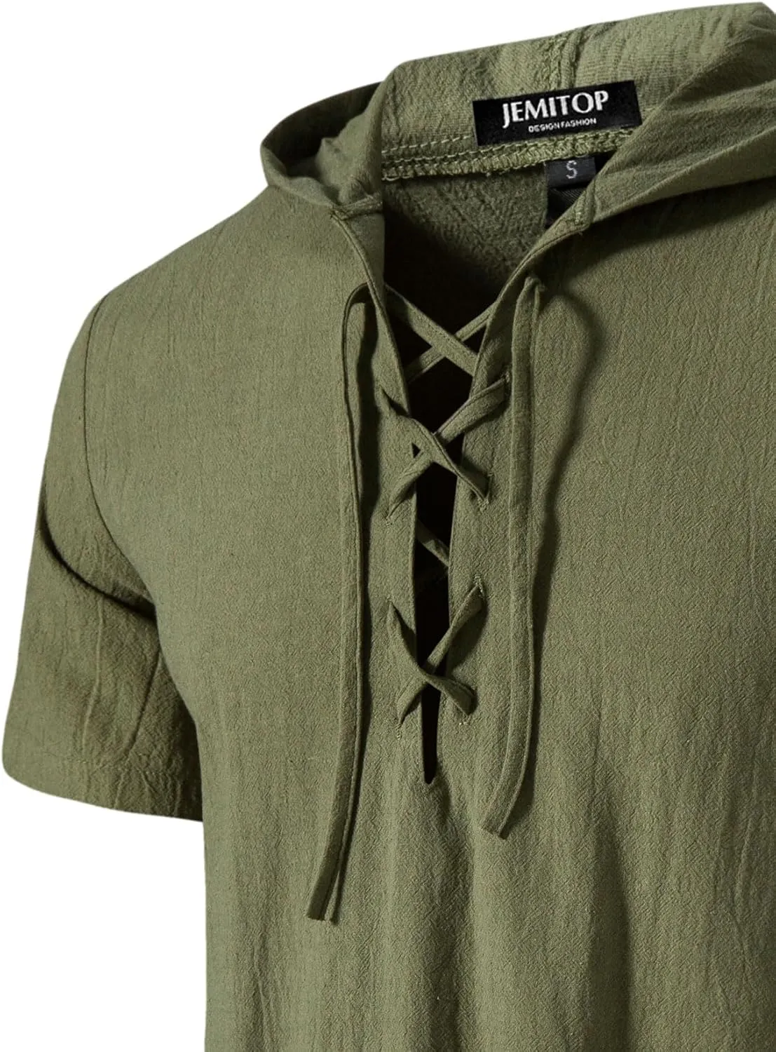 Men's Cotton Vintage Hooded Design Short Sleeve Lace up Shirts for Renaissance Pirate Viking Medieval Costume