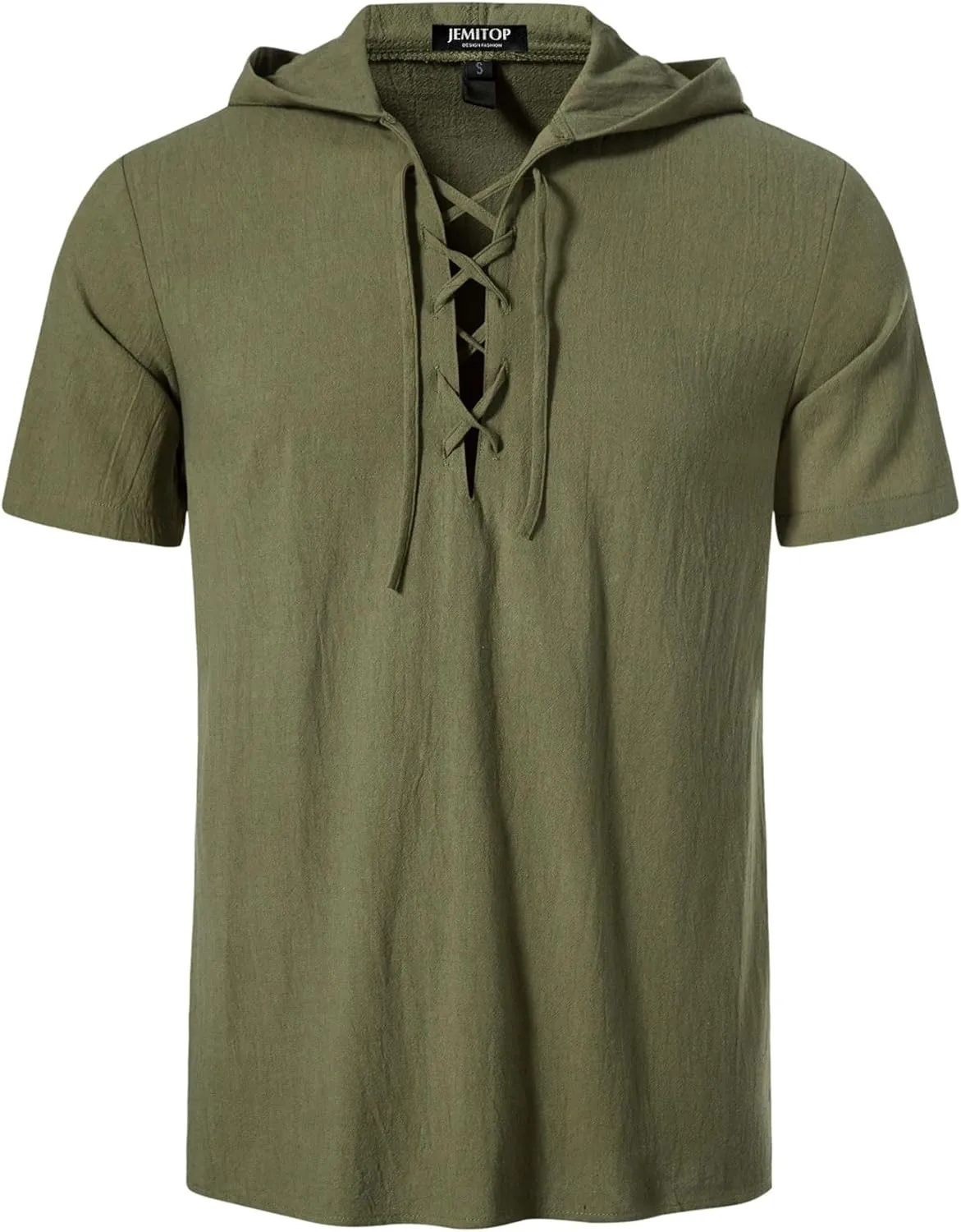 Men's Cotton Vintage Hooded Design Short Sleeve Lace up Shirts for Renaissance Pirate Viking Medieval Costume