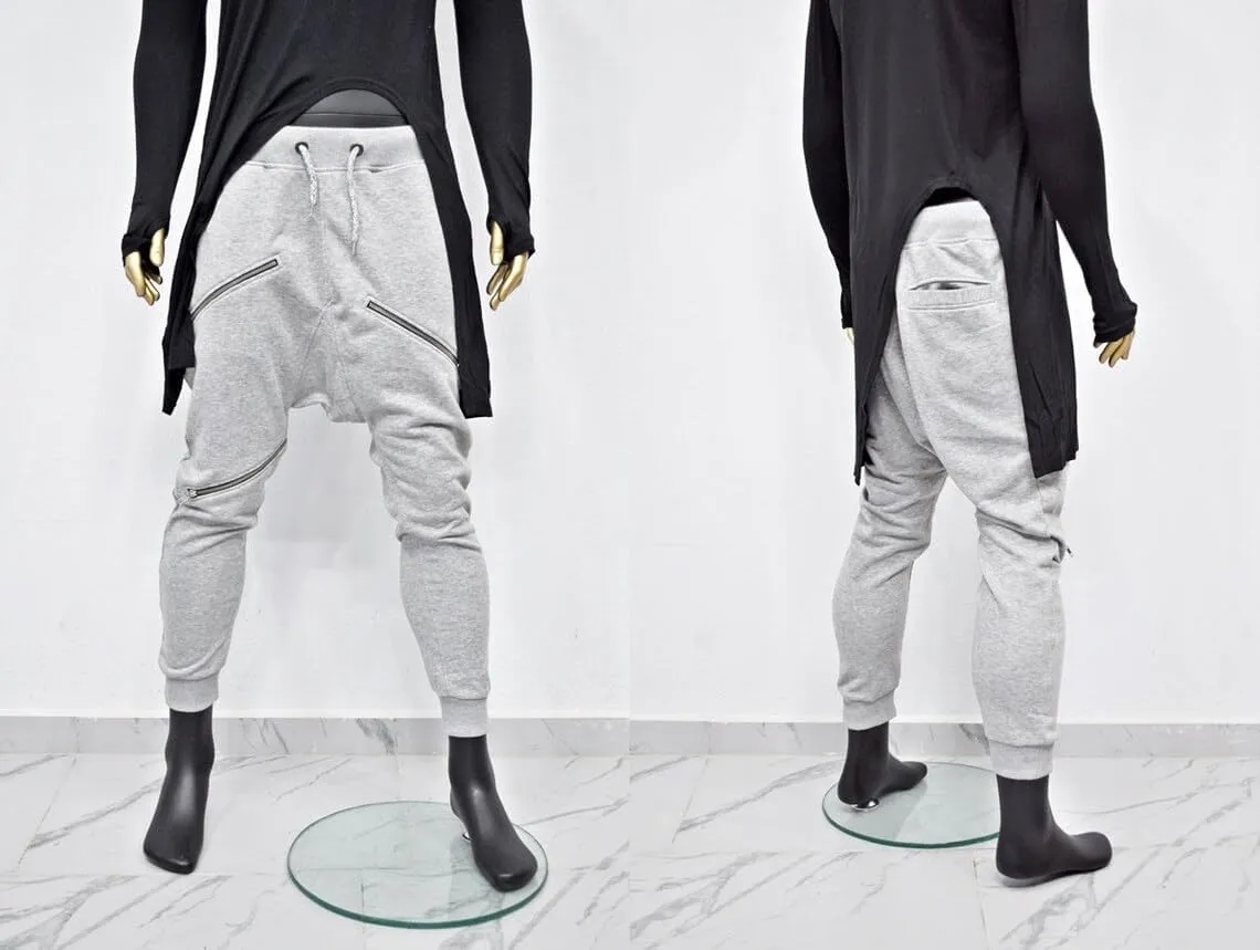 Men's Front 3way Zipper Jogger,Low Crotch Harem Jogger,Relaxed Sweatpants, Slim Fit Tappered, Steampunk