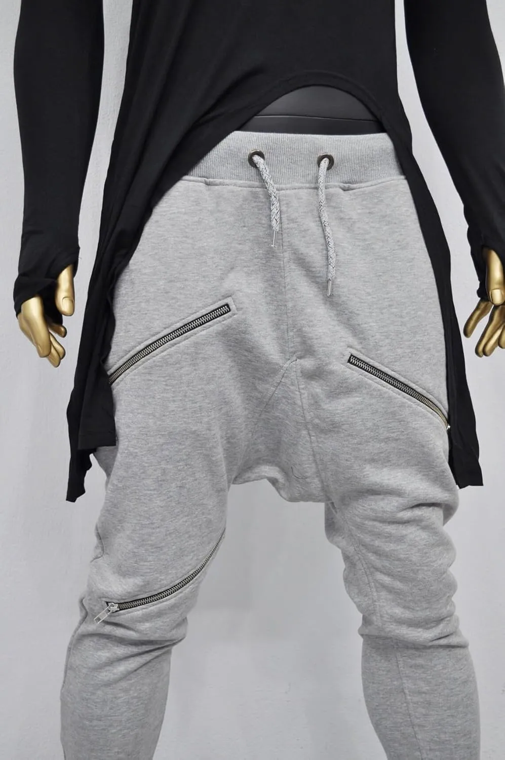 Men's Front 3way Zipper Jogger,Low Crotch Harem Jogger,Relaxed Sweatpants, Slim Fit Tappered, Steampunk