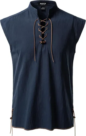 Men's Retro Pure Cotton Lace Up Sleeveless Shirts for Pirate Renaissance Medieval Viking Costume