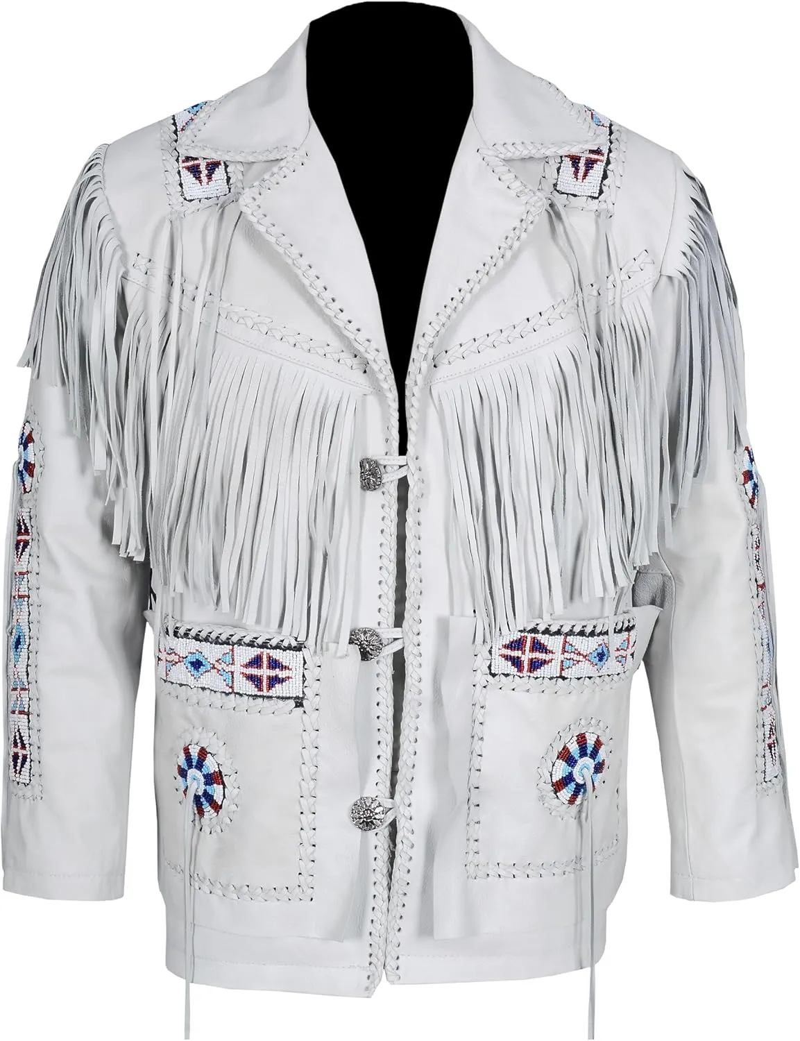 Men's Traditional Western Wear Native-Inspired Cowboy Cowhide Suede & Finish Leather Jacket Coat Fringe Beaded Braid