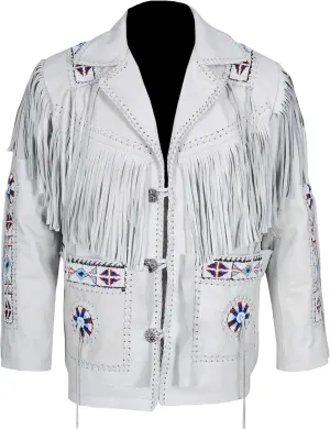 Men's Traditional Western Wear Native-Inspired Cowboy Cowhide Suede & Finish Leather Jacket Coat Fringe Beaded Braid