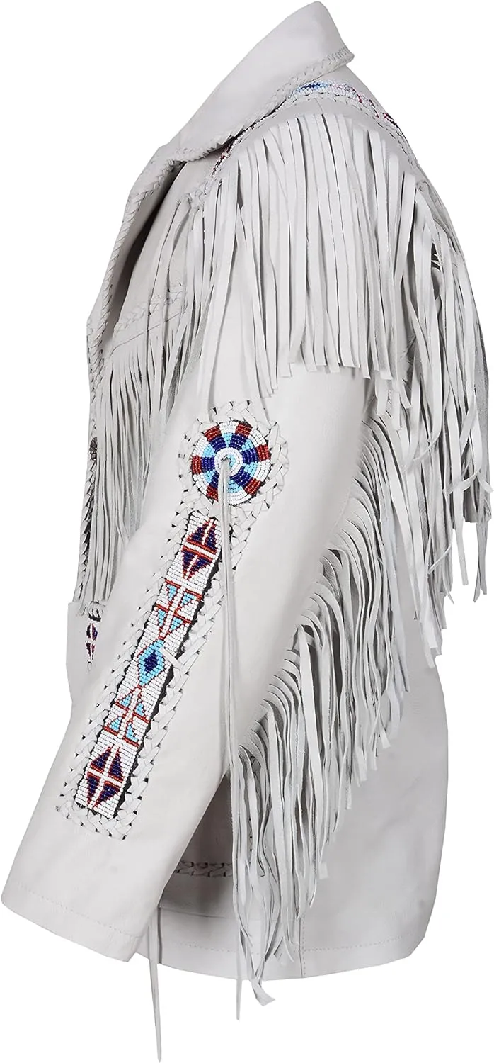 Men's Traditional Western Wear Native-Inspired Cowboy Cowhide Suede & Finish Leather Jacket Coat Fringe Beaded Braid