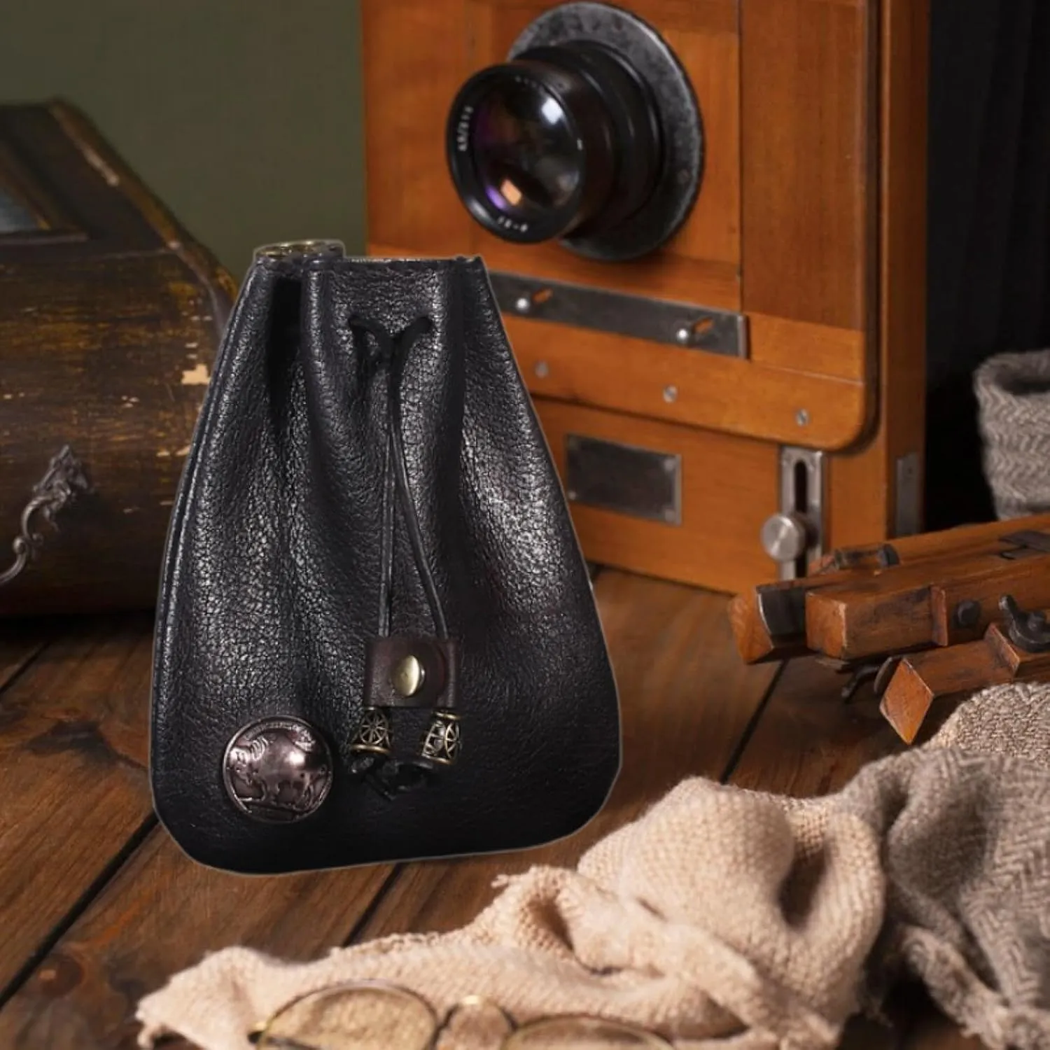 Mini Drawstring Bag Waist Bag Hanging PU Leather Vintage Design Costume Accessory Coin Purse for Party Festival Halloween, Black